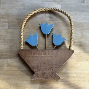 Vintage Rope Wood Basket Hanger Painted Blue Tulips Floral Rustic Cottagecore